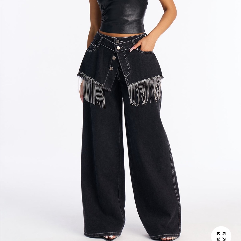 Fashion Nova Black Wide Leg Jeans with Silver Chain Fringe